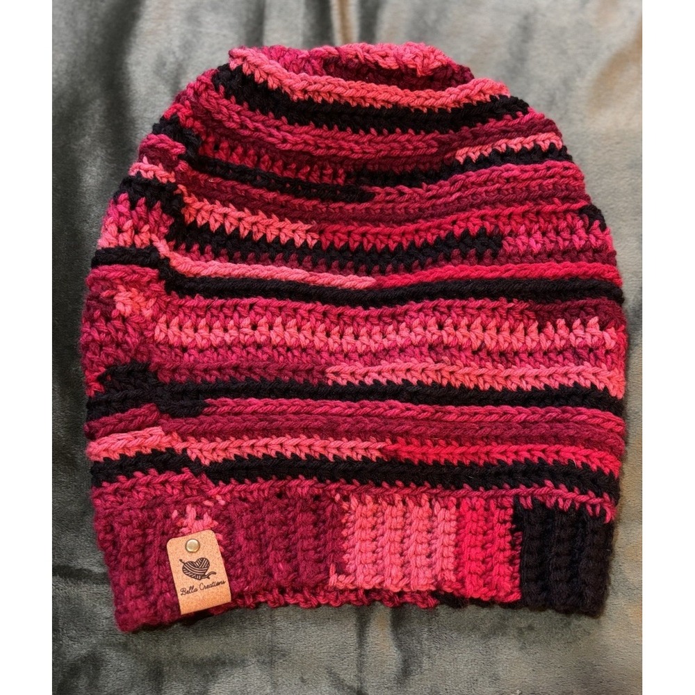 Handmade Crocheted Knit Slouchy Beanie Red/Black Adult Size Logo Bella Creations